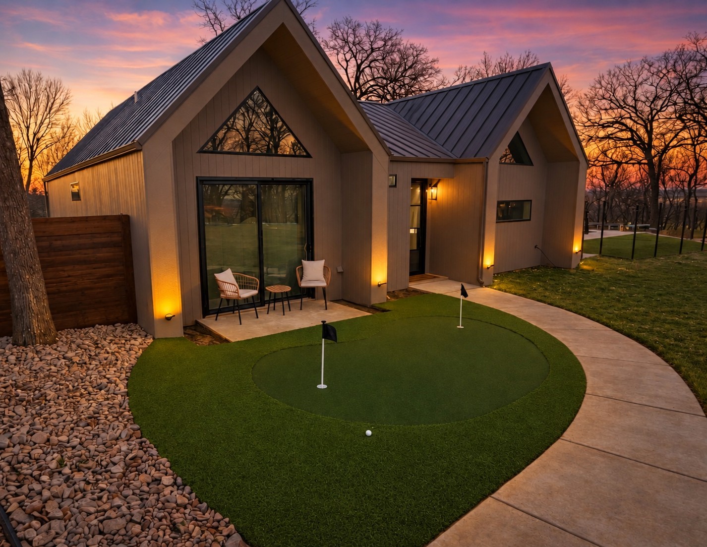Cliffside Cottage at sunset with warm exterior lighting and a putting green