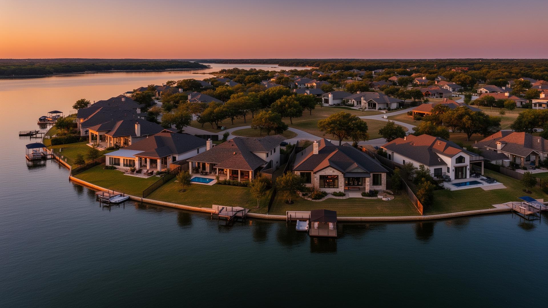 Aerial view of an upscale lakeside community near Lake Texoma, Texas