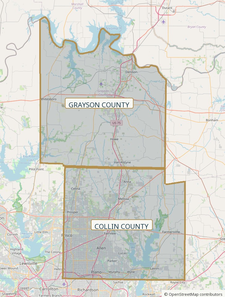 Road map highlighting the official boundaries of Grayson County and Collin County, Texas
